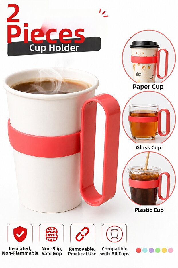 2 Pcs Cup Holder Compatible with All Cups | Heat Insulated Plastic Non-Slip Removable Handle Cup Holder Cup Handle