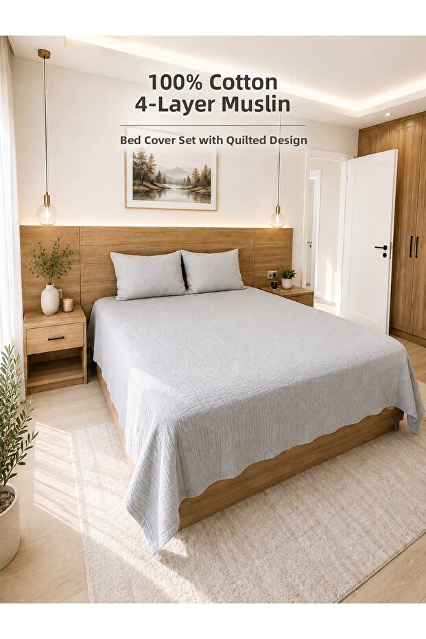 100% Cotton 4 Layer Muslin Bedspread Pique Set Double Size