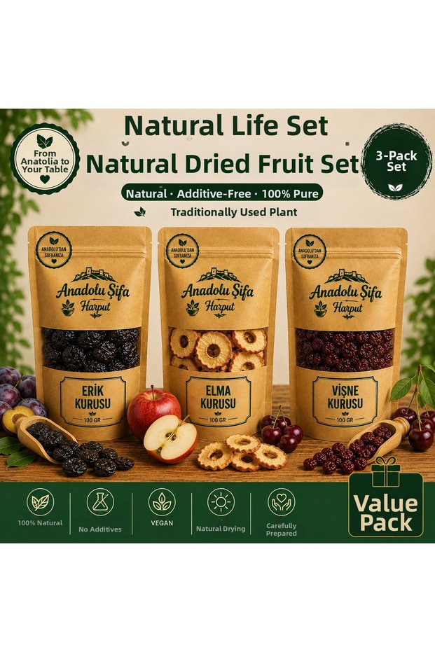 Dried Cherries, Dried Apples & Dried Plums Natural Fruit Set 100 Gr X3 (Dried Sour Cherry, Dried Apple & Dried Plum)