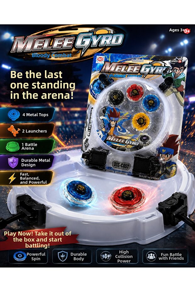 Meleegyro 4-Piece Metal Beyblade Arena Set 4 Spinning Tops 2 Launchers