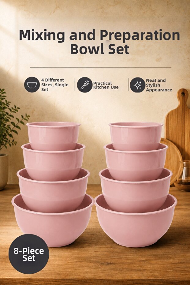 8-Piece Mixing and Preparation Bowl Set Pink - 1L 1.5L 2.3L 3.3L