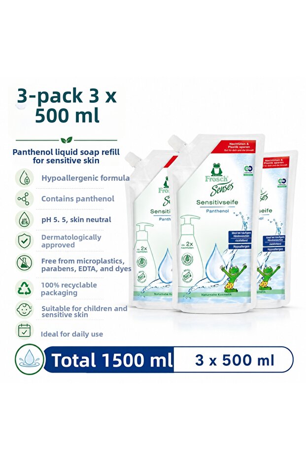 Senses Sensitive Cream Soap Panthenol Natural Ingredient, Skin-Friendly, Ph 5.5, Colorless, Vegan 3X500 ml