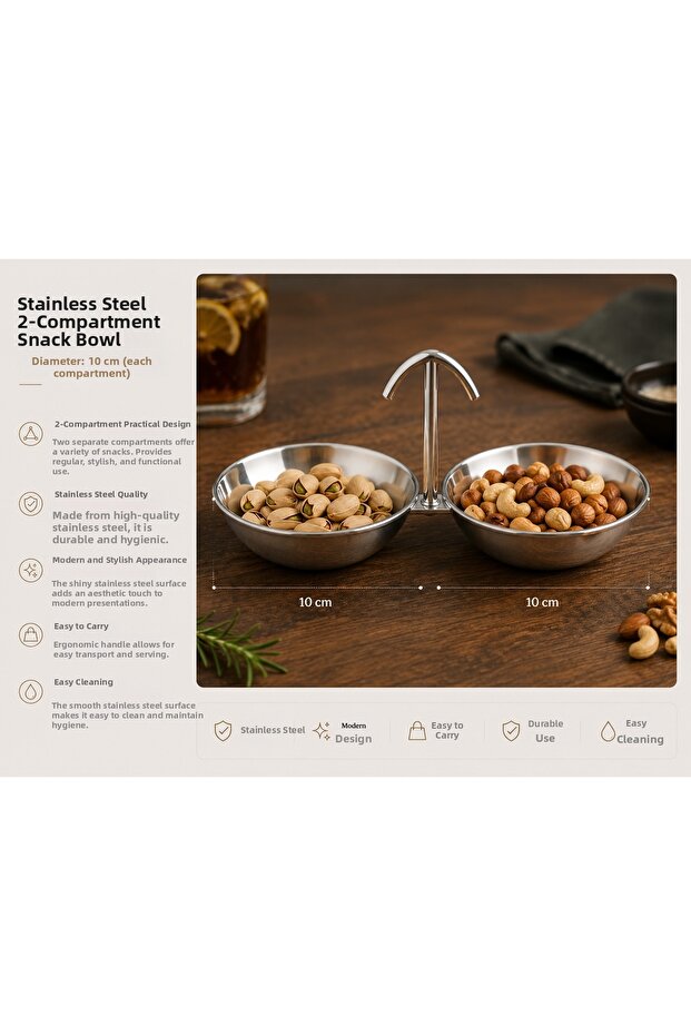 2-Compartment Stainless Steel Snack and Nut Serving Bowl 10 cm