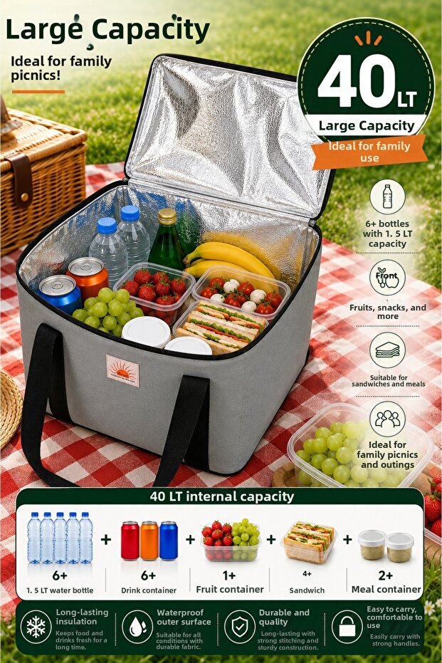 40 Liter Thermal Ice Cooler Bag Foldable Ice Cooler Bag for Picnic, Camping, Beach and Travel