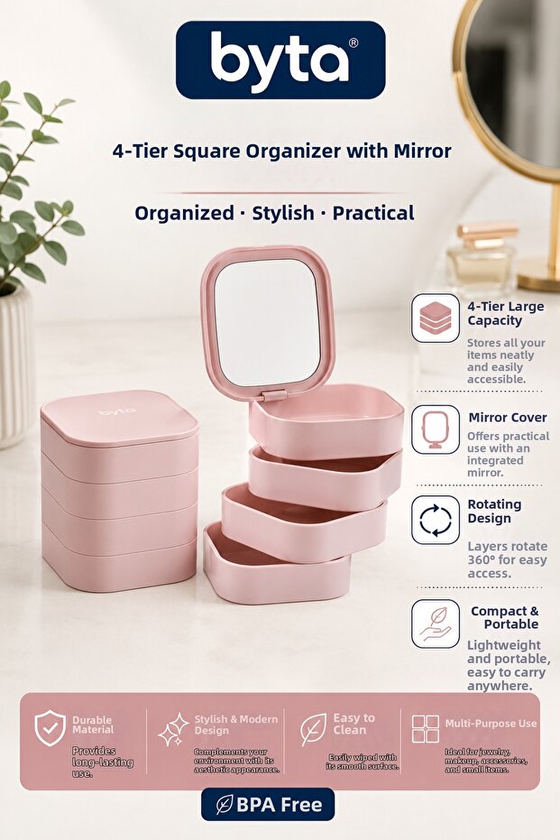 4-Tier Makeup and Jewelry Organizer with Mirror – Rotating Cosmetic and Accessory Organizer Box
