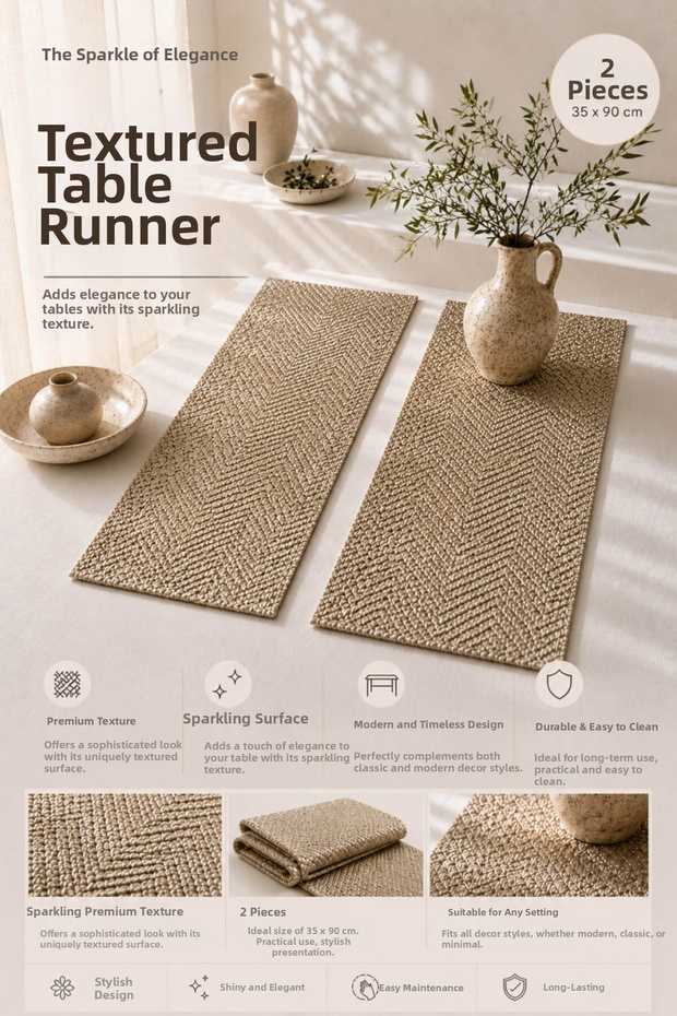 2 Pieces 35X90 cm Glitter Table Runner Stylish Textured Decorative Runner Cover