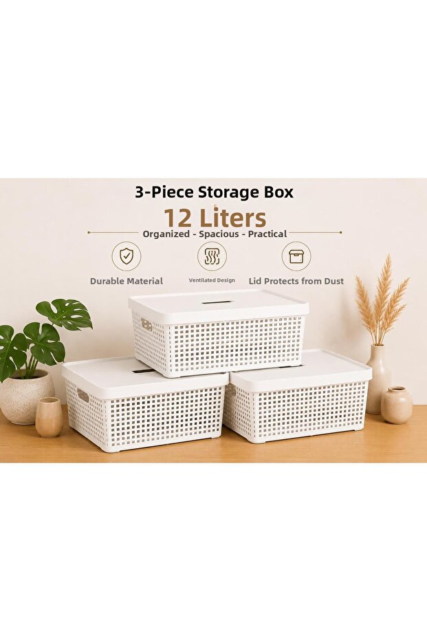 3-Piece Storage Box 12 Liter Multi-Purpose Organizer Box with Lid White