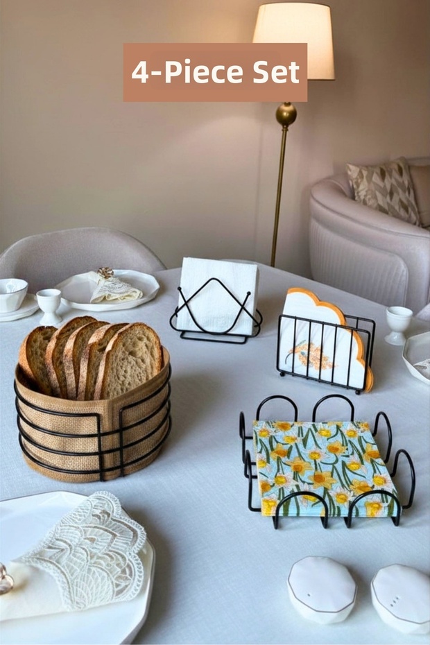 Set of 4 Black Square Napkin Holders Triangle Napkin Holder Cage Napkin Holder Round Bread Basket Kitchen Set