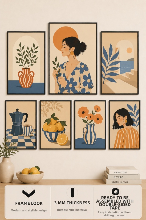 7-Frame View of the Mediterranean | Lemon | Olive | Modern | Italian & Mediterranean Style | Living Room, Office, Kitchen and Study Room Wall Decor