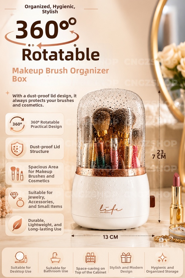 صندوق منظم لفرش المكياج المكتبي قابل للدوران 360 درجة ومقاوم للغبار