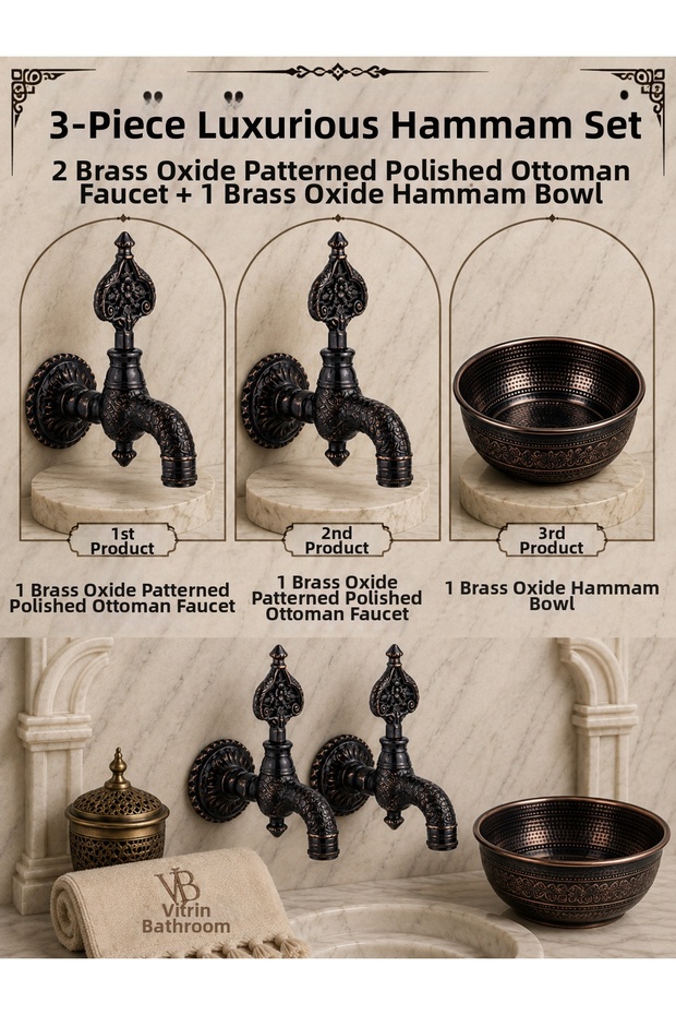 3-Piece Luxury Hammam Set 2 Pieces Copper Oxide Patterned Ottoman Faucet with Aerator + Copper Oxide Hammam Bowl Brass Kurna Faucet Set