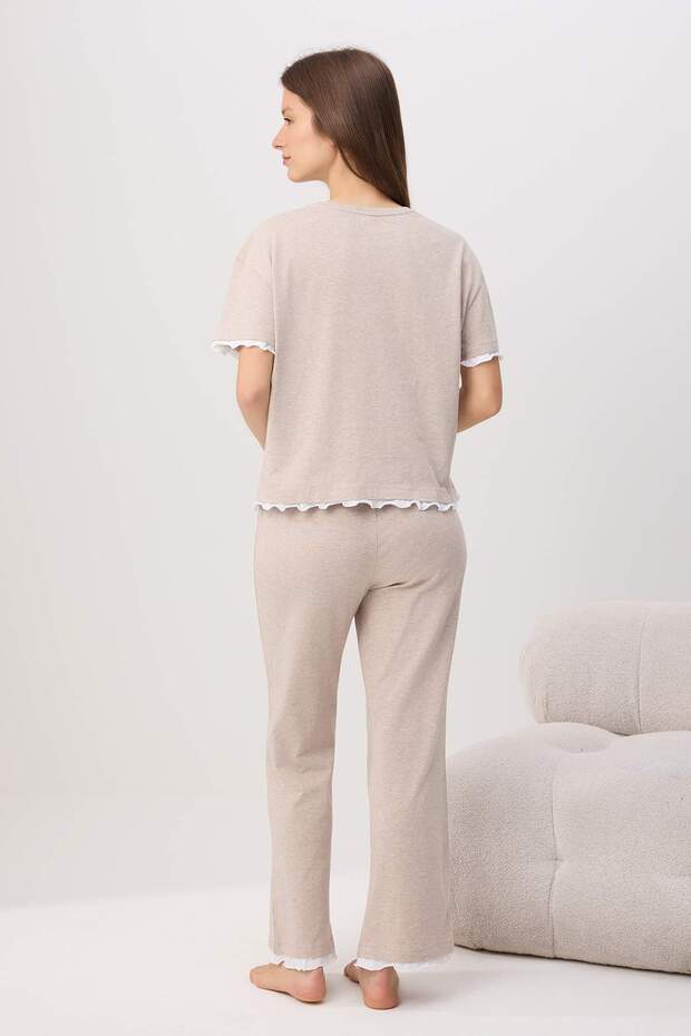 Bej Melanj Pamuklu Çift Katlı Fırfırlı Örme Pijama Takımı THMAW26PT00125 - 4