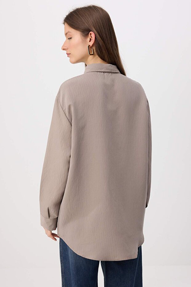 Haki Oversize Vual Çizgili Dokuma Alt&Üst Tesettür Gömlek TCTSS26TG00061 - 4