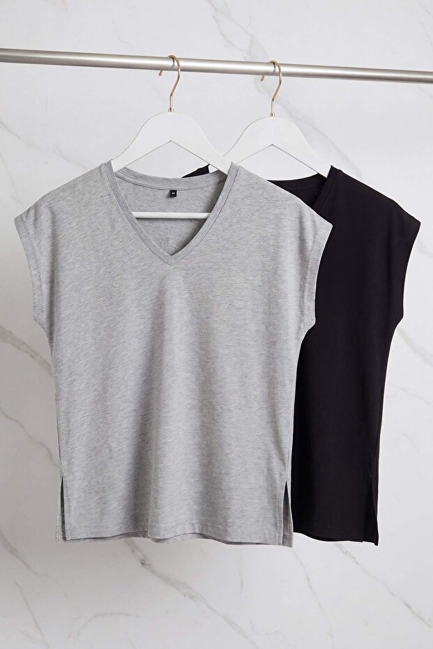 Siyah-Gri 2'li Paket Oversize Fit Basic Büyük Beden T-shirt TBBSS26BF00030 - 9
