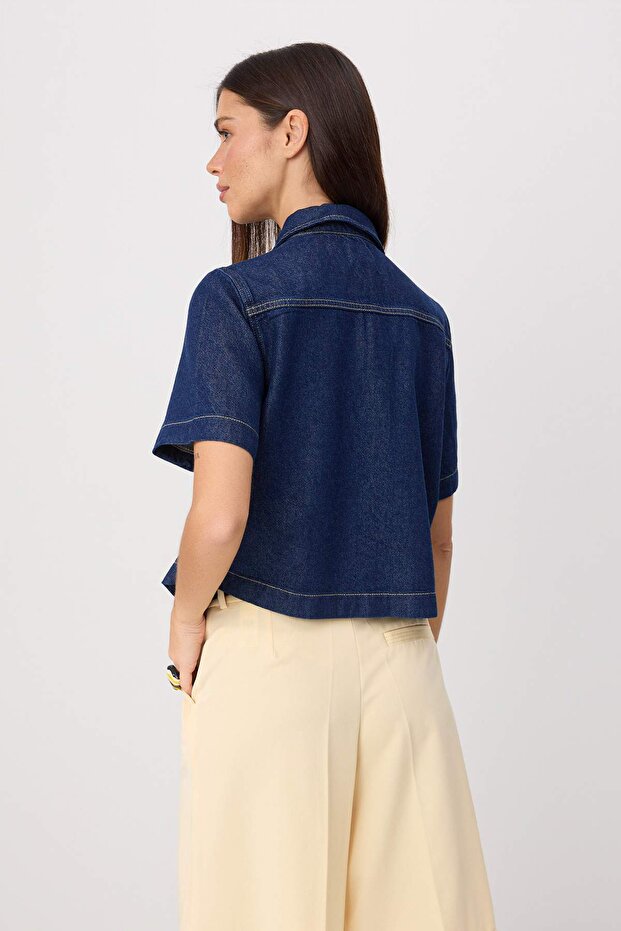 Lacivert Tencel Karışımlı Kısa Kol Düğme Detaylı Denim Gömlek TWOSS26GO00193 - 4