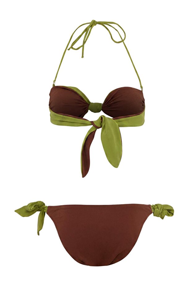 Kahverengi Haki Renk Bloklu Straplez Kaplı Düşük Bel Regular Bikini Takımı TBESS26BT00165 - 7