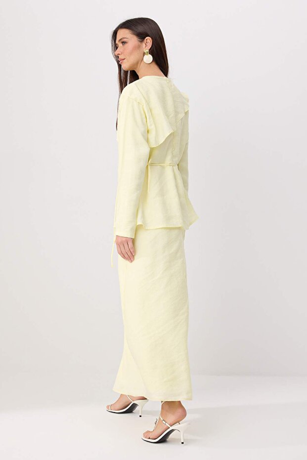 Pastel Sarı More Sustainable Modal Kumaş Takım Görünümlü Dokuma Tesettür Elbise TCTSS26EB00031 - 4