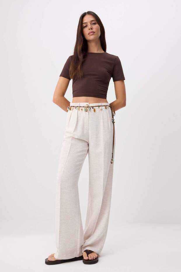 Bej Nervürlü Wide Leg/Geniş Paça Pamuk Keten Dokuma Pantolon TWOSS24PL00062 - 1