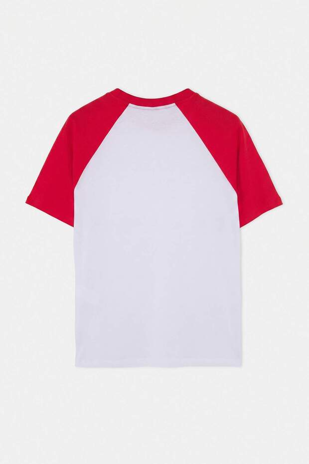 Beyaz-Kırmızı Düşük Omuz Regular Renk Bloklu %100 Pamuk T-Shirt TMNSS26TS00079 - 10