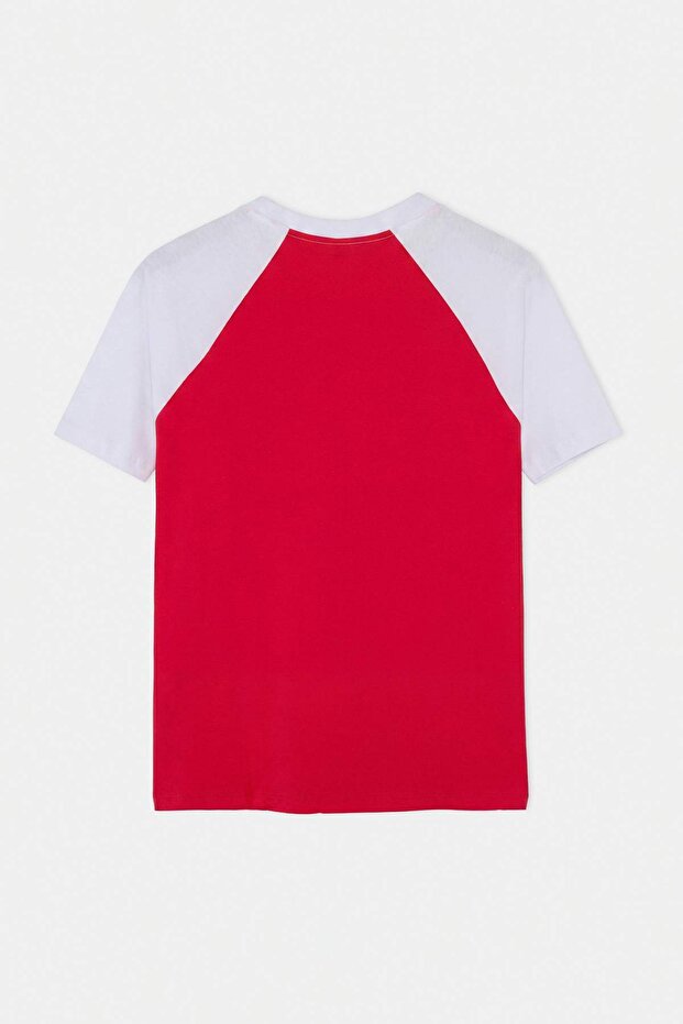 Kırmızı-Beyaz Düşük Omuz Regular Renk Bloklu %100 Pamuk T-Shirt TMNSS26TS00079 - 9