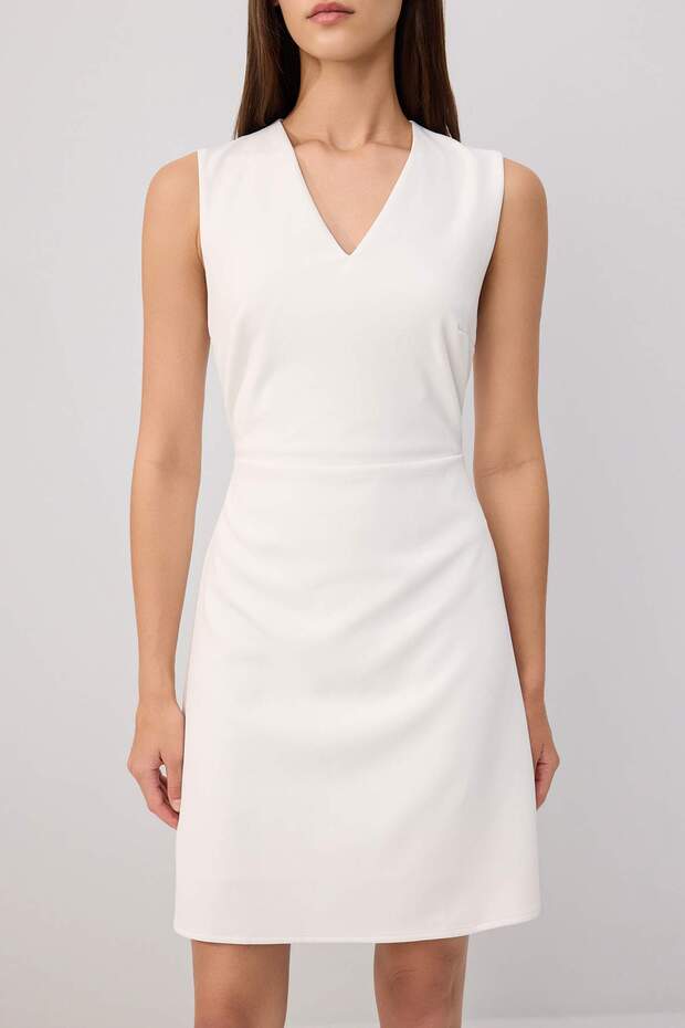 Wardrope Essentials Ekru Düz Kolsuz V Yaka Mini Esnek Dokuma Elbise TWOSS26EL00298 - 3