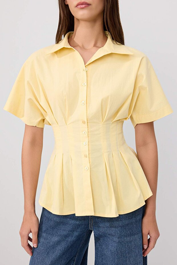 Sarı Pile Detaylı Bele Oturan Lycralı Poplin Pamuklu Gömlek TWOSS26GO00158 - 3