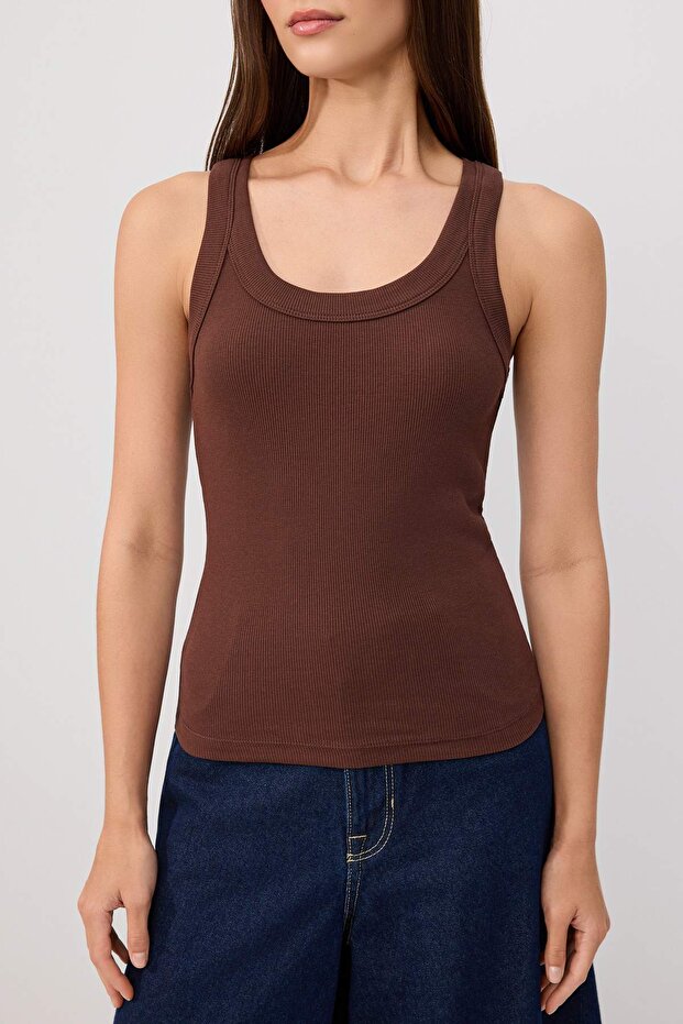 Kahverengi-Bordo Fitted/Vücuda Oturan Kalın Askılı Fitili Pamuklu Esnek Örme Atlet TWOSS26AL00121 - 6