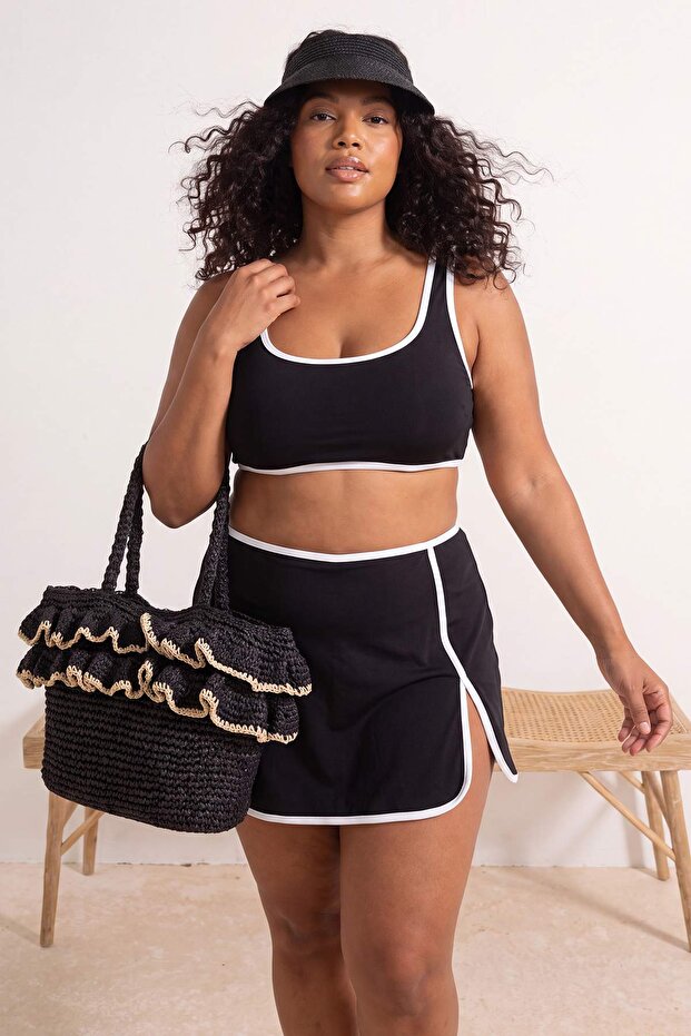 Siyah Bralette Kaplı Biye Detaylı Yüksek Bel Etekli Bikini Takımı TBBSS26CB00008