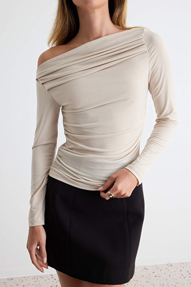 Taş Büzgü/Drape Detaylı Fitted/Vücuda Oturan Uzun Kollu Esnek Örme Bluz TWOAW25BZ00248 - 3