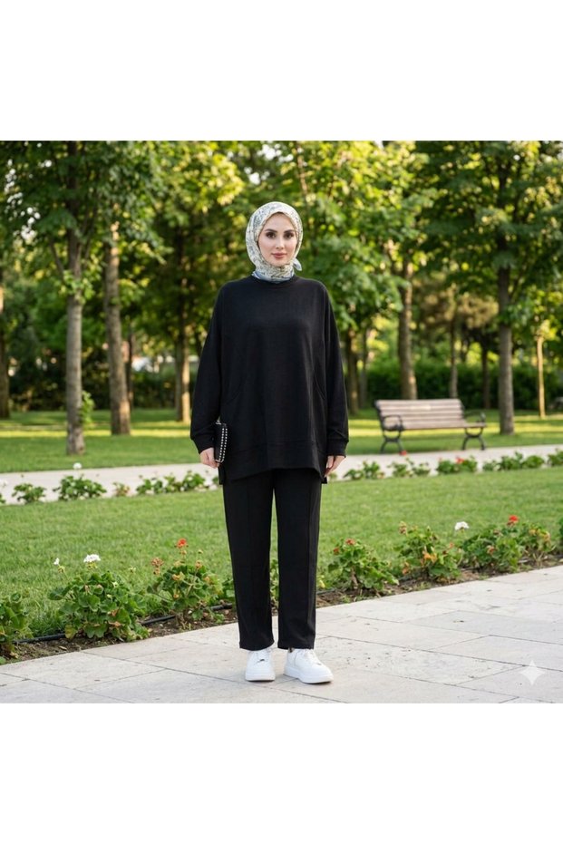 Women's Islamic Clothing Seasonal Modal Fabric Crew Neck Pocketed Tunic Top and Bottom Set