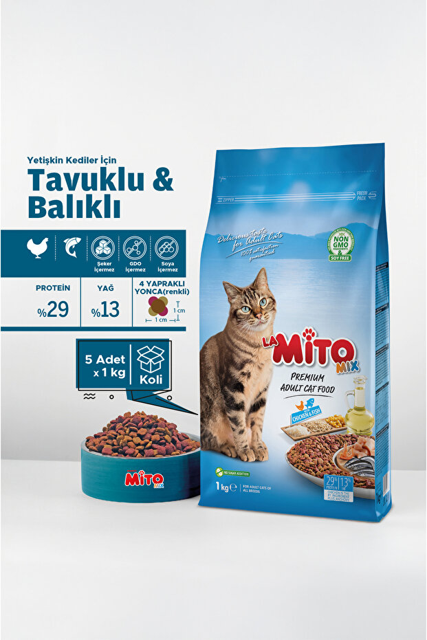 Mito Mix Adult Cat Tavuklu Ve Balıklı Renkli Taneli Yetişkin Kedi Maması 1 Kg 5'li