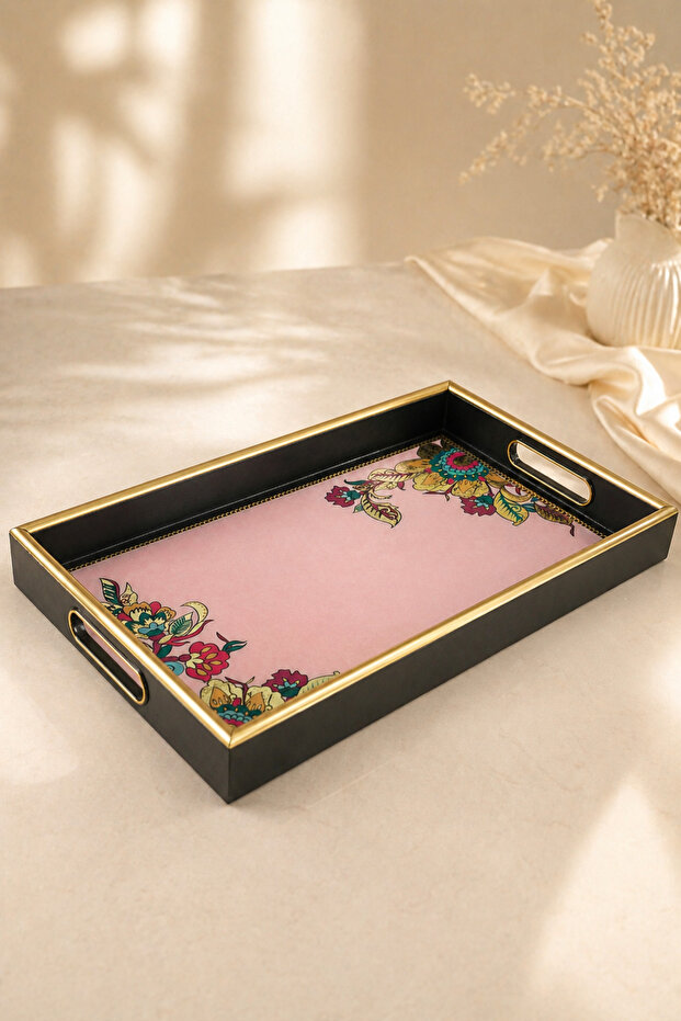 Melamine Presentation Tray with Pink Background and Floral Pattern and Gold Frame 31X46 cm