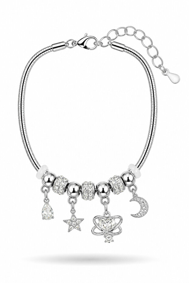 Brass Silver Color Charmlı Women's Bracelet