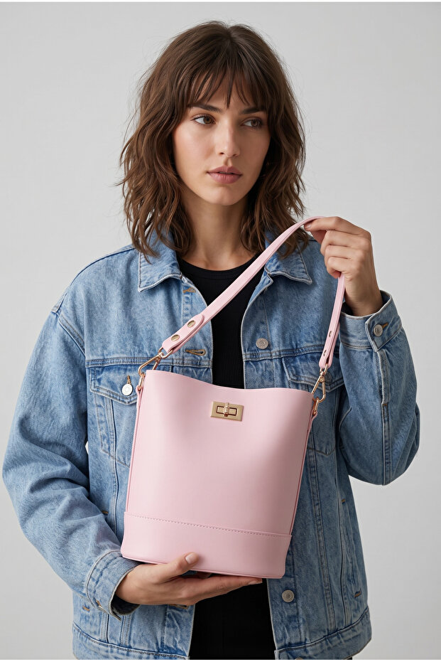 Women's Sakura Pink Wallet Detailed Bucket Model Hand and Shoulder Bag Molina