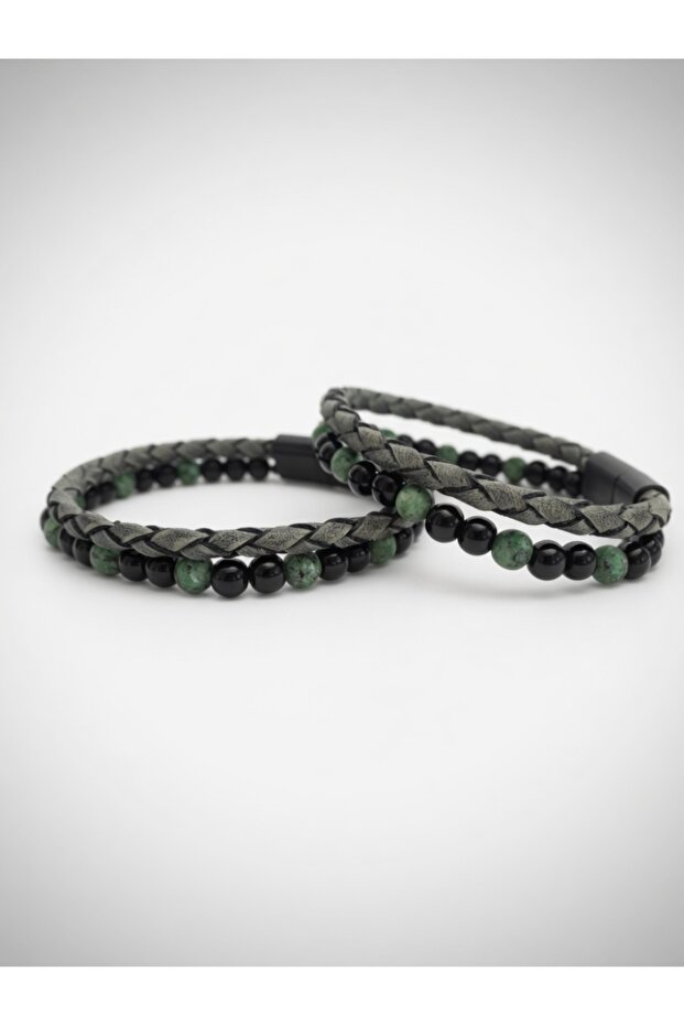 Men's Genuine Leather and Natural Stone Magnet Clip Double Combination Bracelet