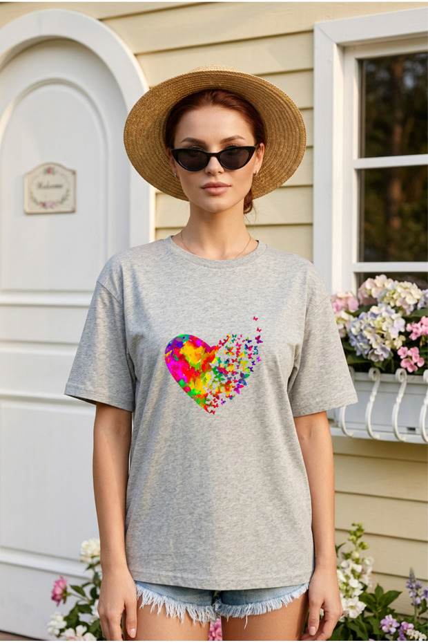 Unisex Short Sleeve Round Neck Heart Butterflies Printed Solid Color t Shirt