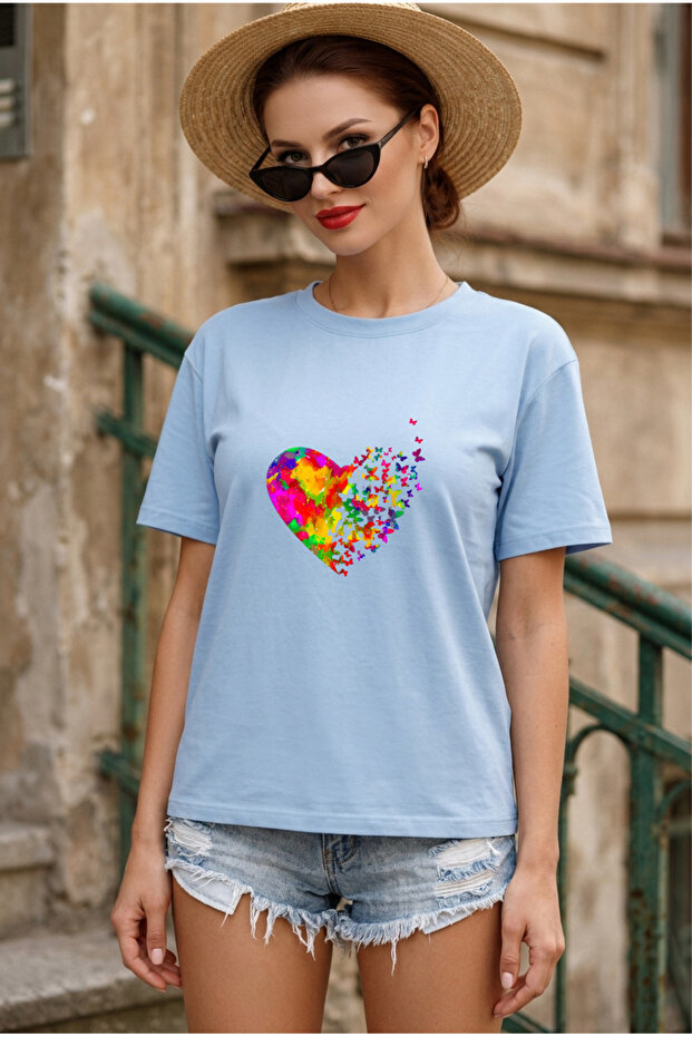 Unisex Short Sleeve Round Neck Heart Butterflies Printed Solid Color t Shirt