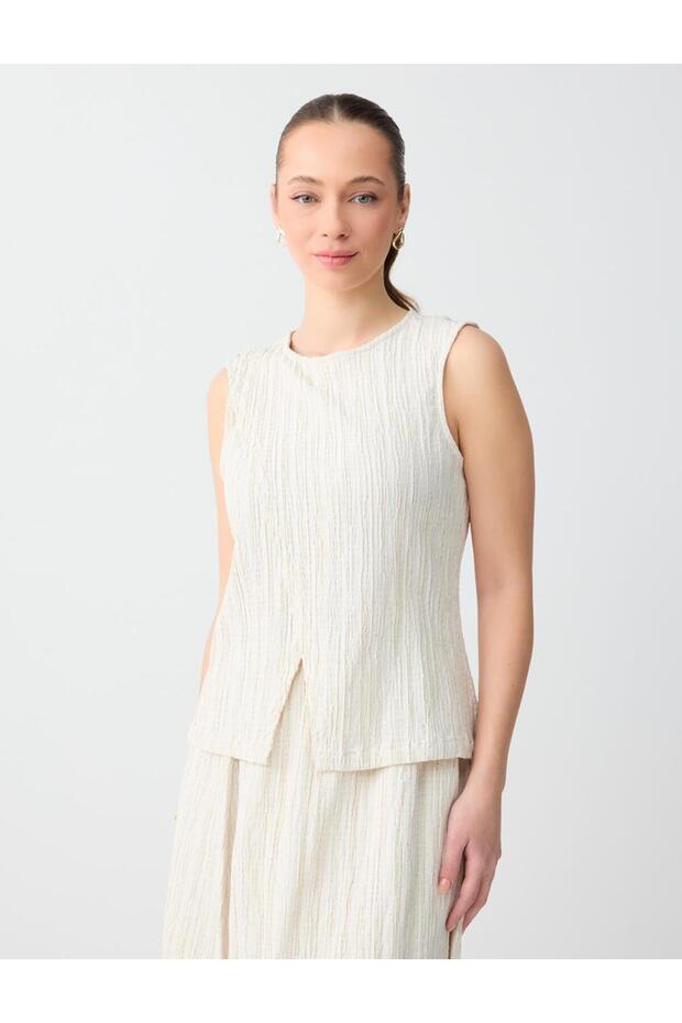 Beige Melange Slim Fit Crew Neck Sleeveless Cotton Pack Woven Blouse