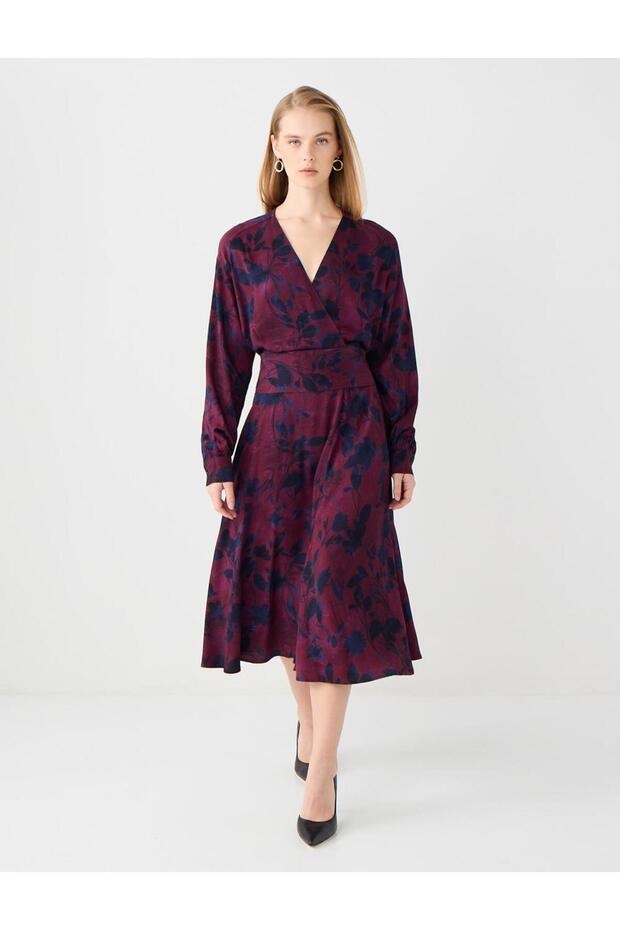 Burgundy V-Neck Long Sleeve Floral Pattern Woven Long Dress