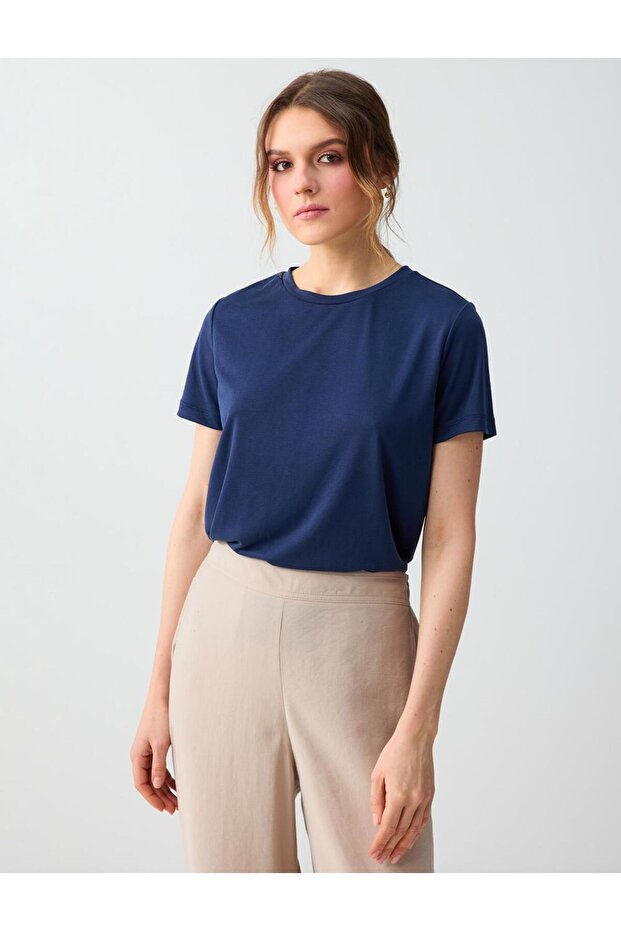 Navy Blue Short Sleeve Crew Neck Modal Knitted T-Shirt