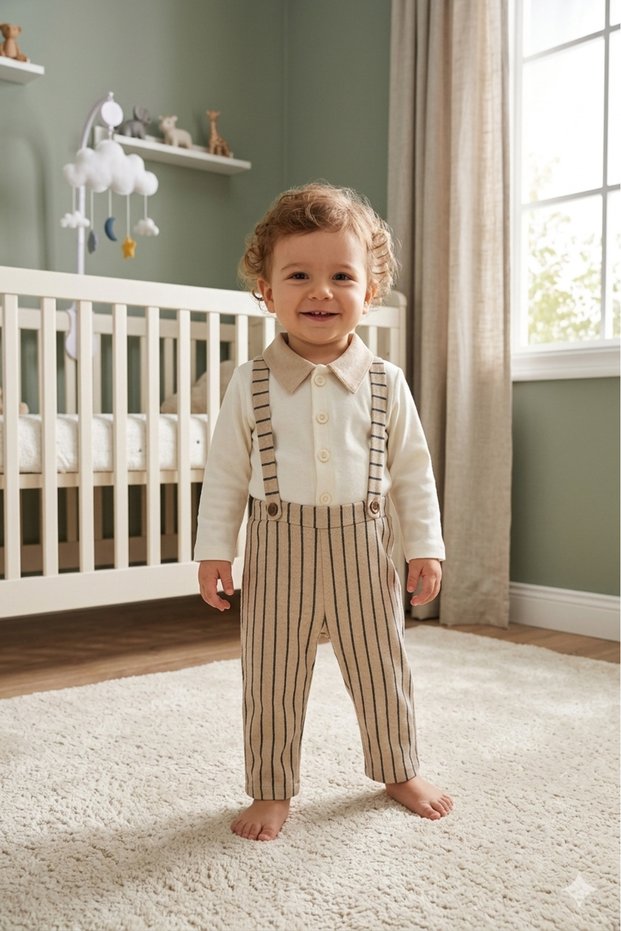Baby Boy Classic Salopet Set Striped Trousers Suspender Shirt Collar 0-12 Months