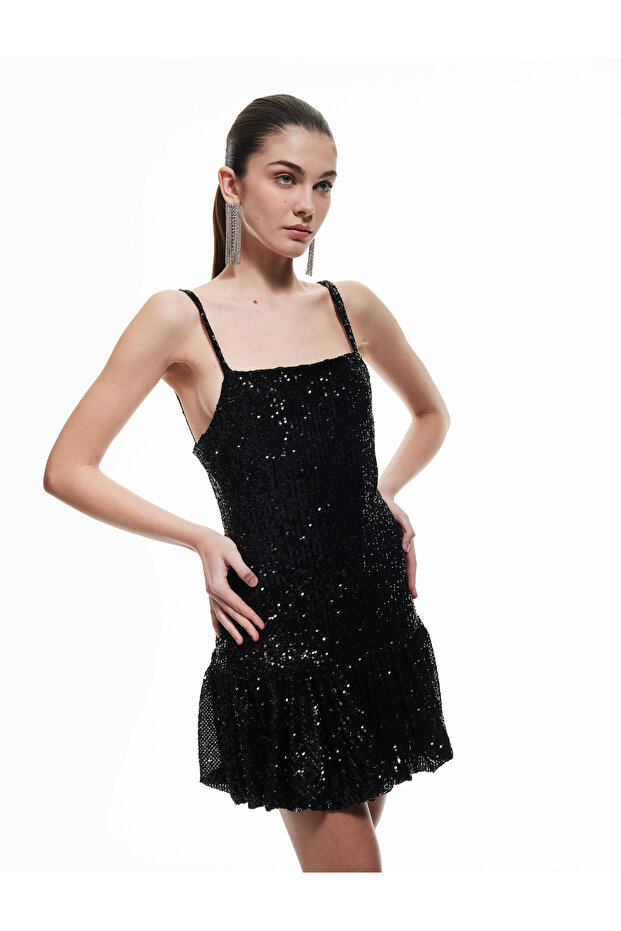 Sequin Sequined Square Neck Strap Mini Dress