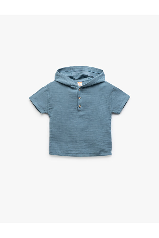 Short Sleeve Cotton Muslin Fabric Hooded Shirt