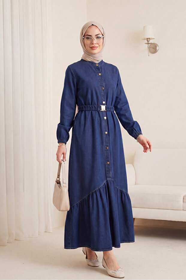 Buttoned Long Denim Dress with Elastic Belt -Laci