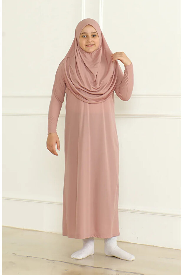One Piece Practical Children's Prayer Dress with Headscarf 1985-06 Powder