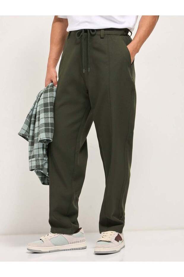 TRUFO Green Baggy Fit Trousers with Adjustable Drawstring Waistband