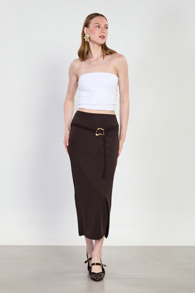 Women's belted midi skirt - burnt brown