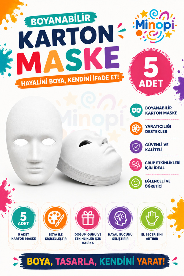5 Pieces, Cardboard Mask, Paintable, Educational Mask Painting, Activity and Hobby Mask