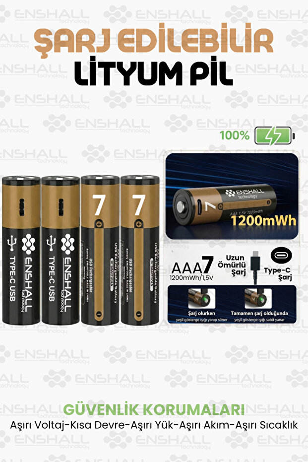 Enshall 4X ADET AAA 7 Şarj Edilebilir İnce Kalem Pil 1.5V 1200 mWh Kapasiteli Lityumion Kumanda Pili
