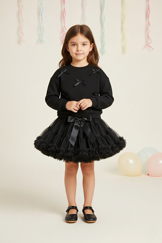 Black Bow Detailed Long Sleeve Girls' Sweatshirt